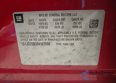 2013 Chevrolet Sonic Lt Auto from USA, damaged, VIN 1G1JC6SB9D4167686